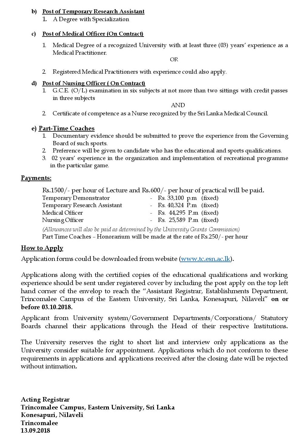 Visiting Lecturer, Temporary Demonstrator, Temporary Research Assistant, Part Time Coaches, Medical Officer, Nursing Officer - Eastern University, Sri Lanka